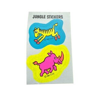 Vintage 1991 C.F.F. Jungle Stickers Zebra & Rhino Design 3" Neon Bright Cartoon